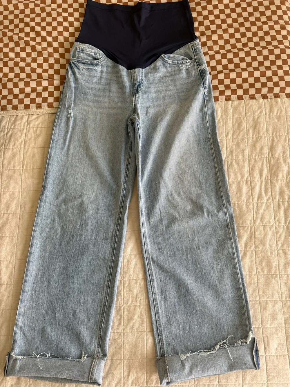 Pinkblush Light Blue Boyfriend Maternity Jeans with Navy Waistband